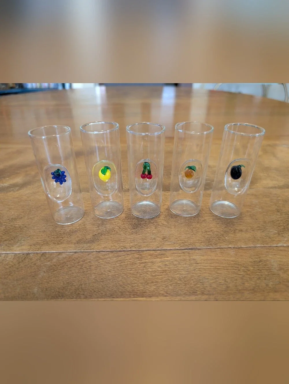 Vintage Murano Glass Set of 5 Shot Glasses with Fruit Designs MCM Barware